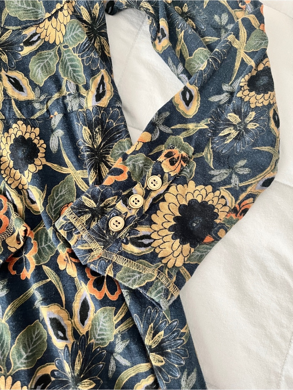 NATURAL LIFE Christa Cotton Midi Dress Navy Tan Dahlias, Button-Front (S) - Picture 7 of 7